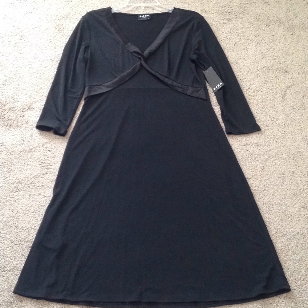 BCBG Paris V-neck Dress Black Midi 3/4 Sleeve Large